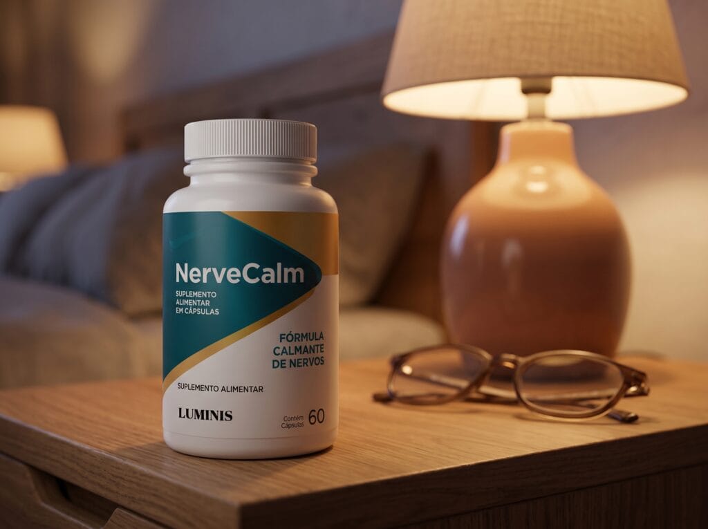 NerveCalm supplement bottle displaying core herbal ingredients for nerve health and relaxation.
