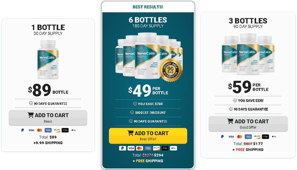 Overview of NerveCalm multi-bottle package options and official 180-day money-back guarantee badge.