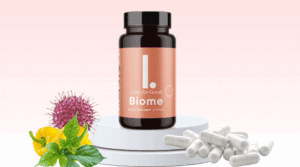 Bottle of LeanBiome dietary supplement capsules on a clean white background.