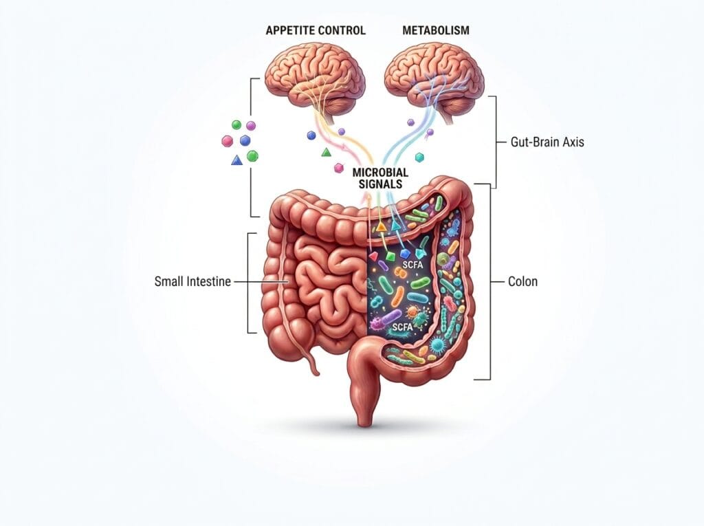 Fermented foods and prebiotic fibers illustrating gut microbiome diversity and digestive health.