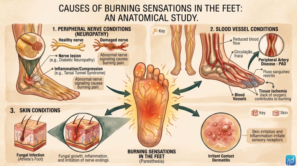 Medical illustration showing peripheral nerves, blood vessels, and skin layers contributing to burning feet at night.