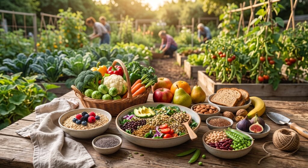 Assortment of high-fiber foods including whole rolled oats, lentils, chia seeds, and fresh berries.