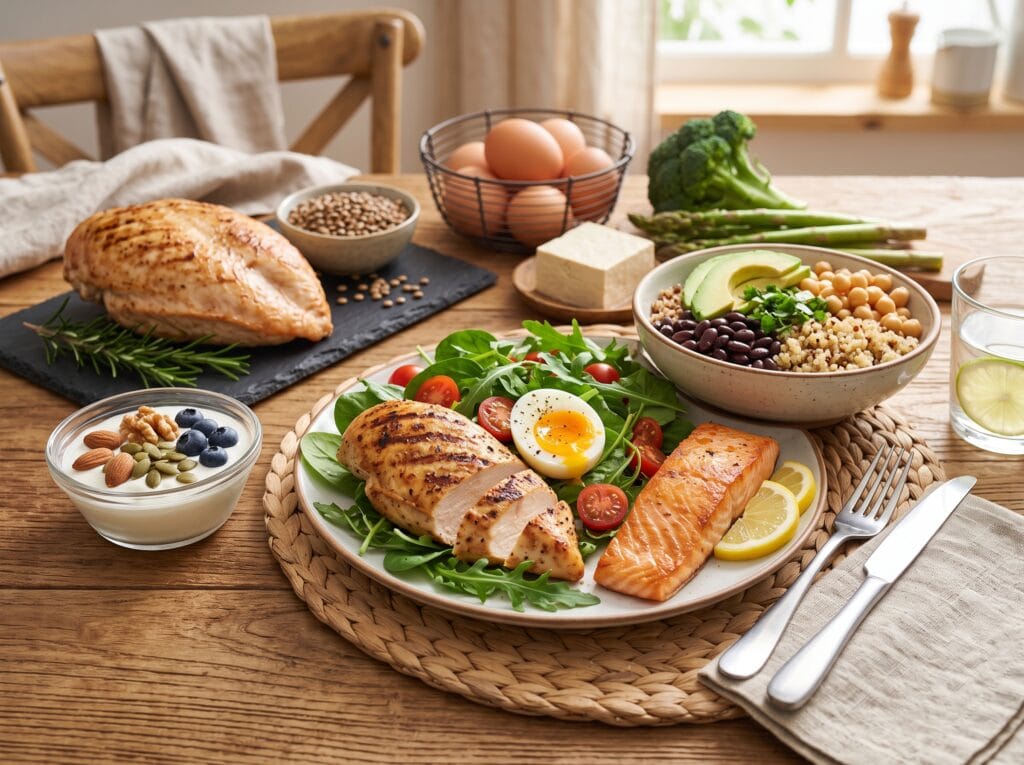 High protein foods including boiled eggs, grilled salmon, and lean poultry arranged on a table.