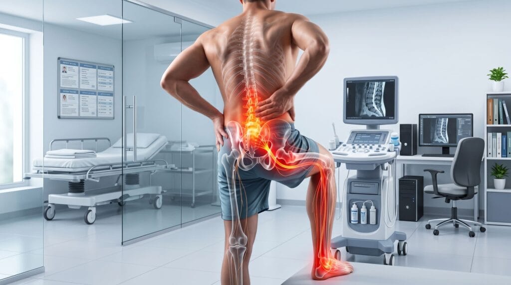 Person sitting in a medical consultation room holding their leg, discussing early signs of nerve damage.