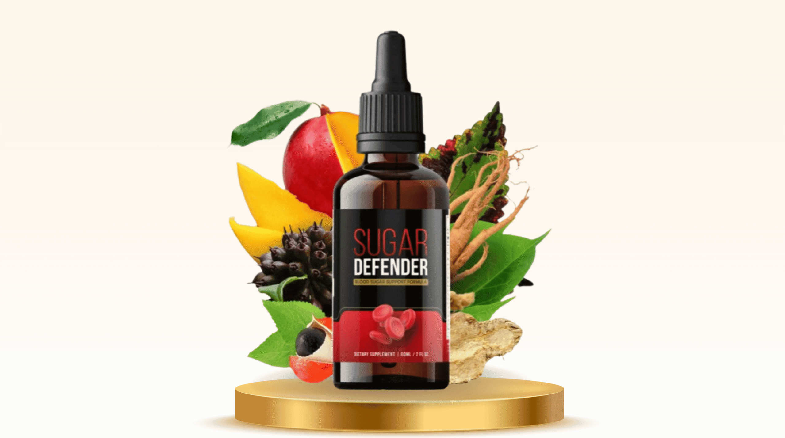 Bottle of Sugar Defender liquid glucose support drops on a podium surrounded by natural botanical ingredients.
