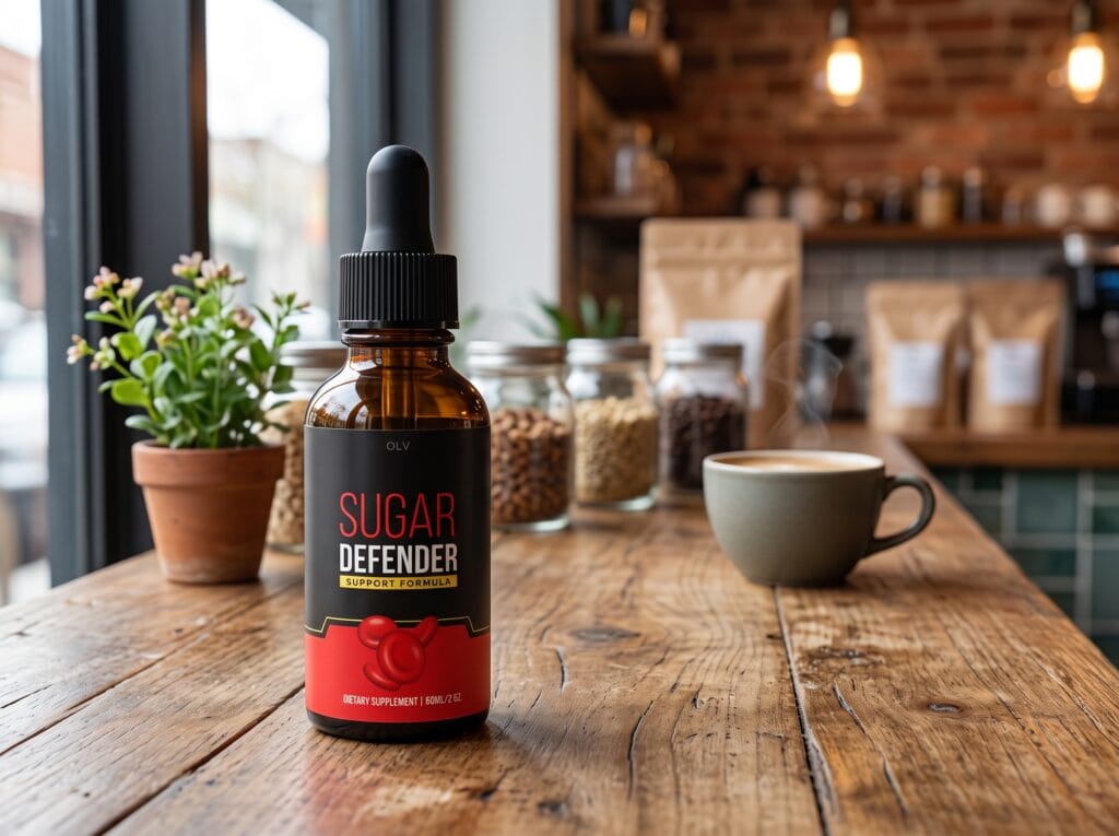 Sugar Defender amber dropper bottle sitting on a wooden table beside morning coffee, illustrating daily liquid supplementation.