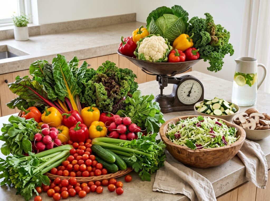 Fresh leafy greens, broccoli florets, and steamed potatoes demonstrating volumetric eating.