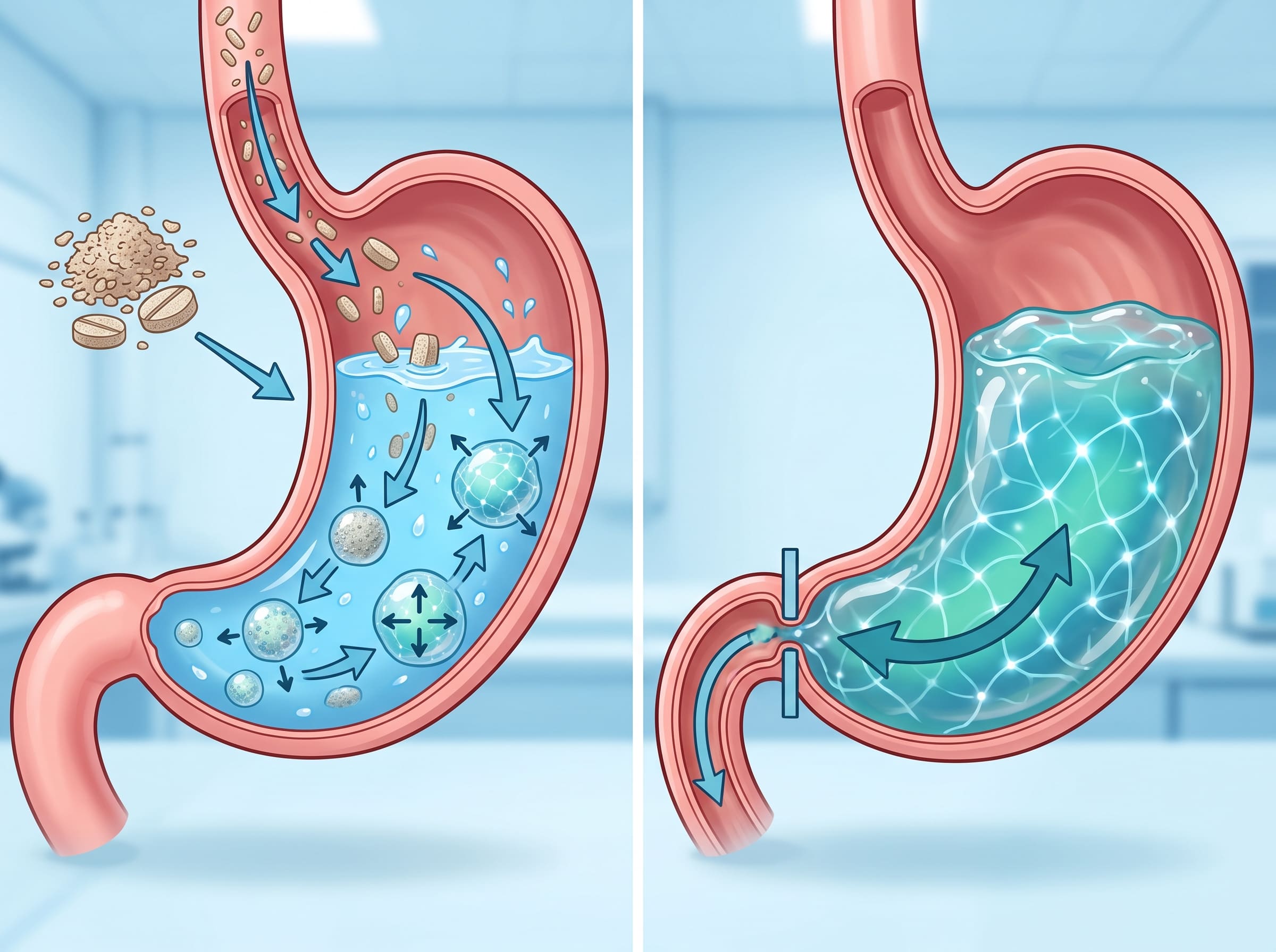 Medical diagram illustrating glucomannan fiber expanding into a viscous hydrogel in the stomach to delay gastric emptying and slow glucose absorption.